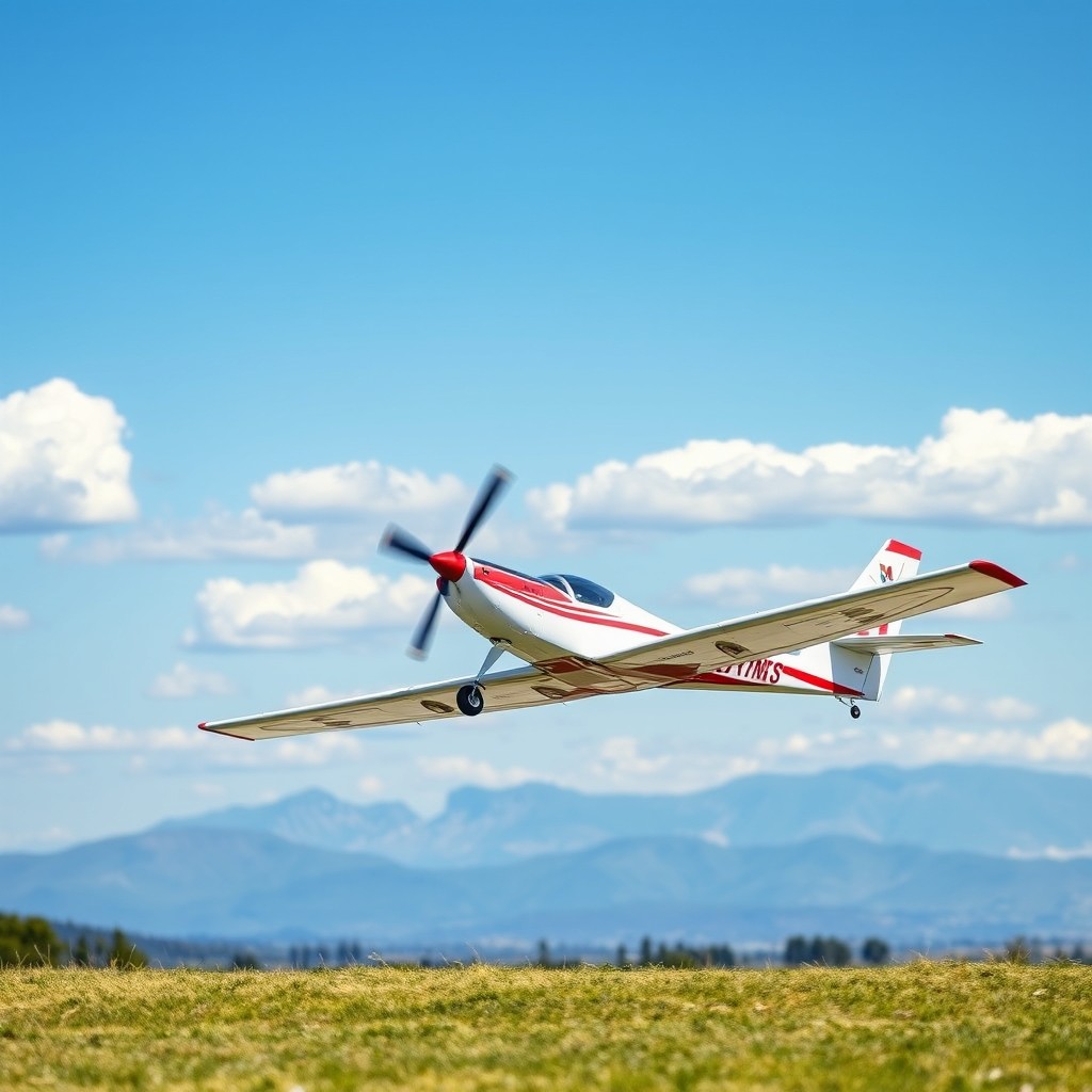 An ultralight RANS Coyote plane taking off from a grassy airfield under a clear blue sky