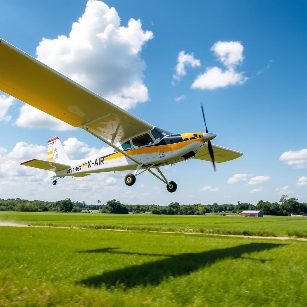 An ultralight X-Air plane taking off from a sunny airstrip surrounded by lush green fields