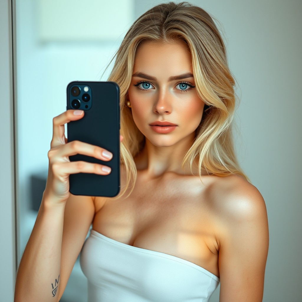 A stunning German blonde girl with a perfect body, standing in front of a mirror holding an iPhone 16