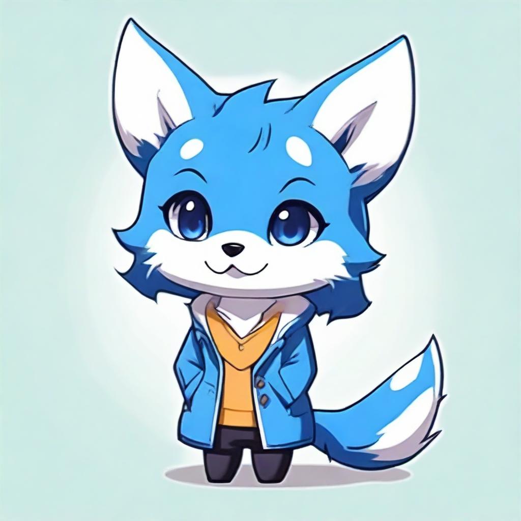 A cute blue fox with a mischievous look styled in anime version.