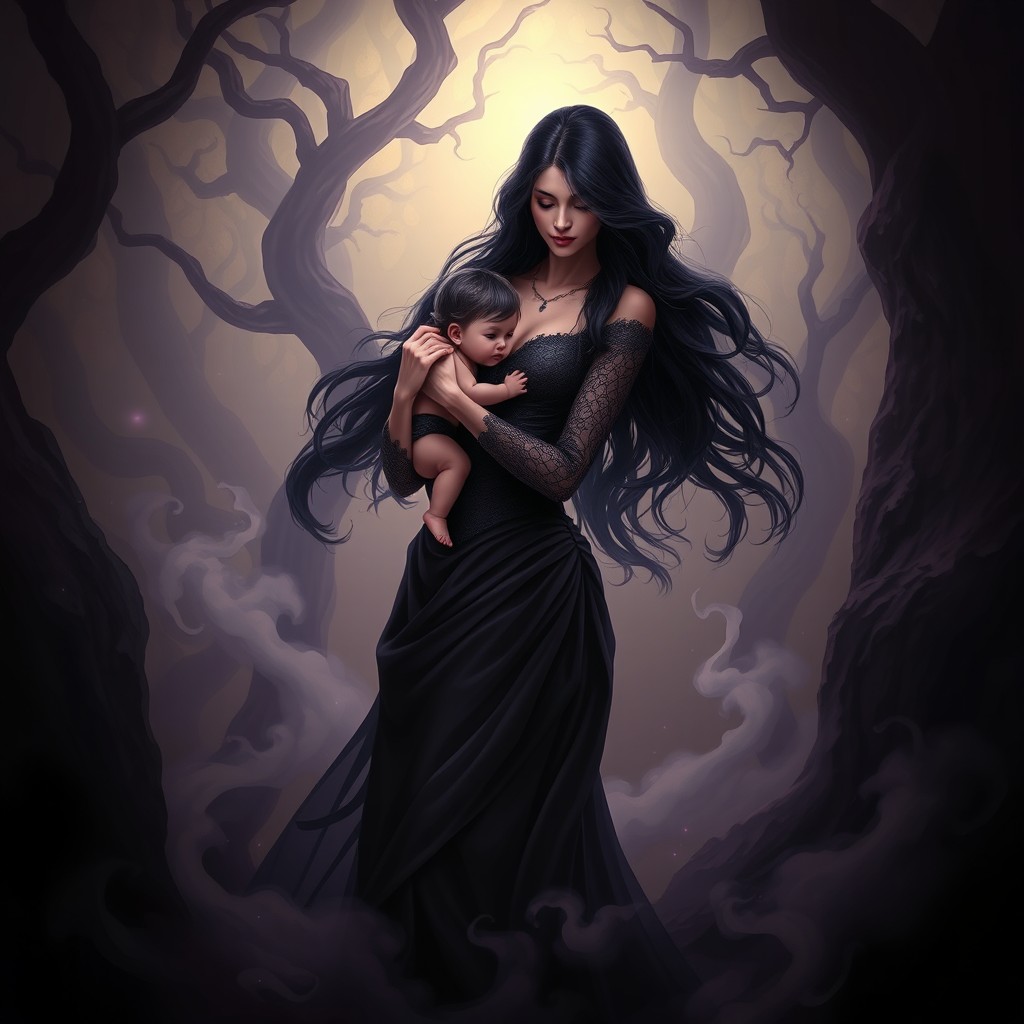 A stunning and enchanting portrayal of a woman resembling the previous depiction, with long flowing dark hair and wearing an elegantly designed dark dress, gracefully carrying her child