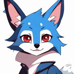 A cute blue fox with a mischievous look, styled in dark anime version with red eyes.