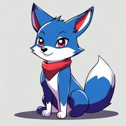 A cute blue fox with a mischievous look, styled in dark anime version with red eyes.