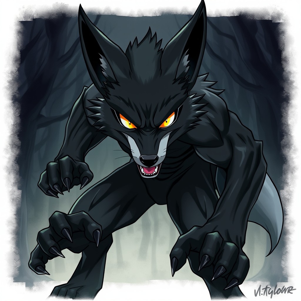 An intense illustration of a black werefox character in a fierce battle stance, showcasing a strong and athletic build