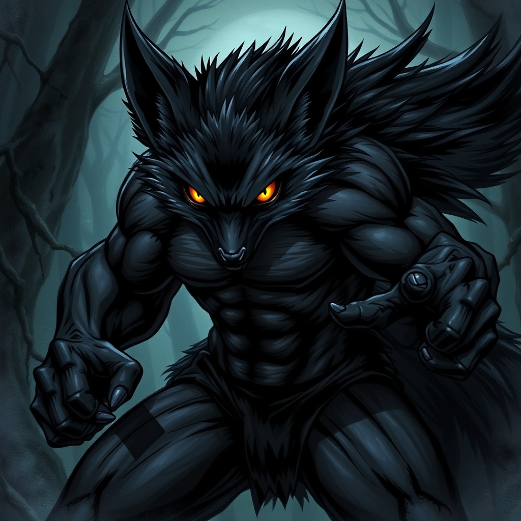 An intense character art of a black werefox in a fierce battle stance, exuding aggression and strength