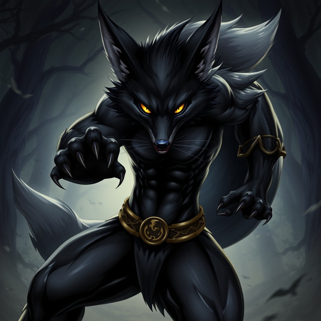 A striking character art of a black werefox in an aggressive battle stance, showcasing a powerful and athletic build