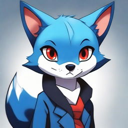 A cute blue fox with a mischievous look, styled in dark anime version with red eyes.