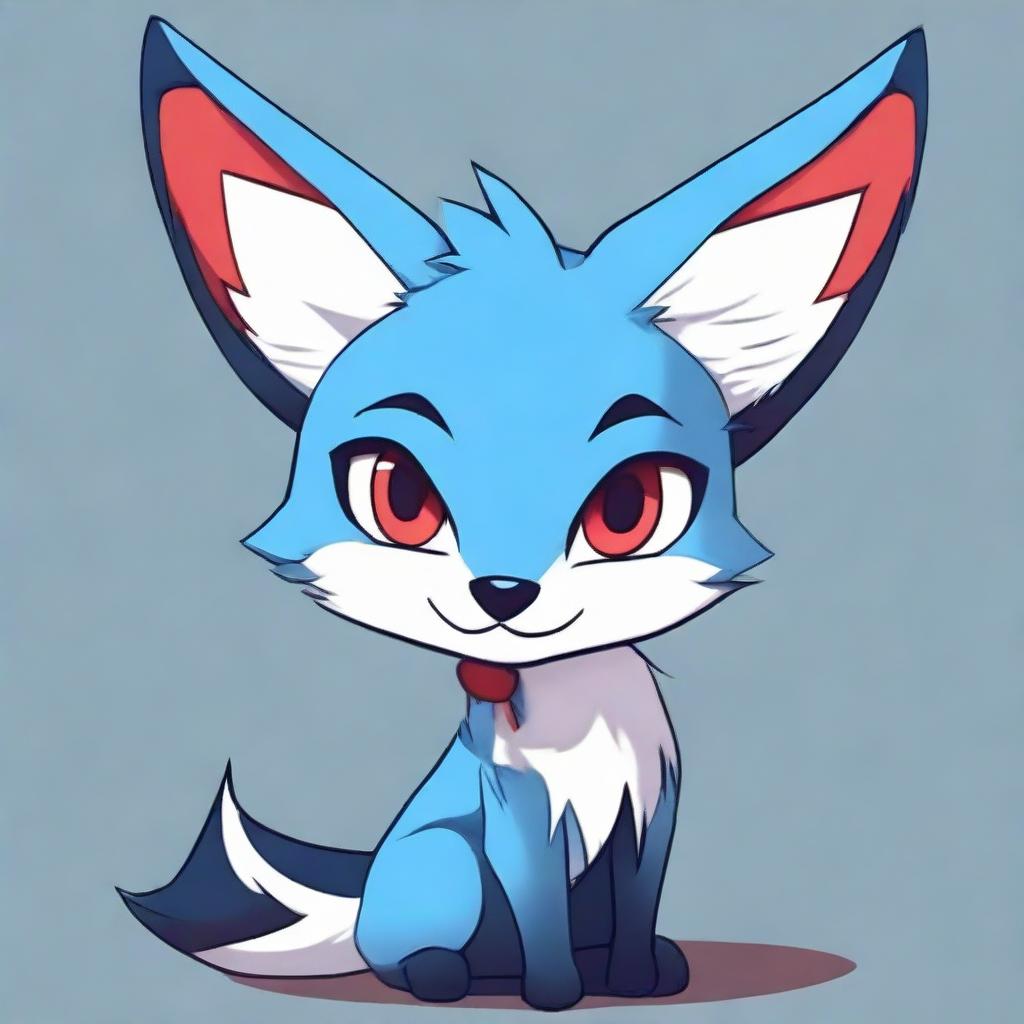 A cute blue fox with a mischievous look, styled in dark anime version with red eyes.