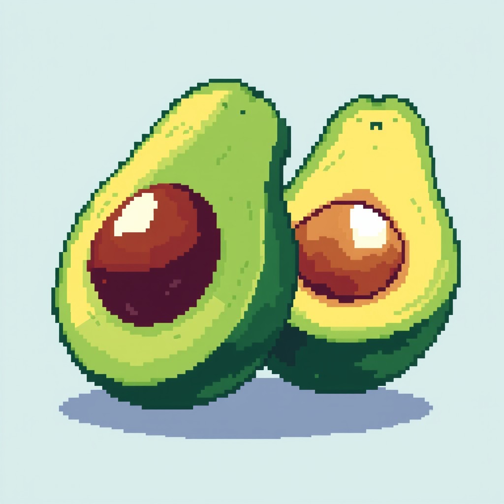 A charming pixel art representation of an avocado, featuring a vibrant green body with a dark brown pit in the center