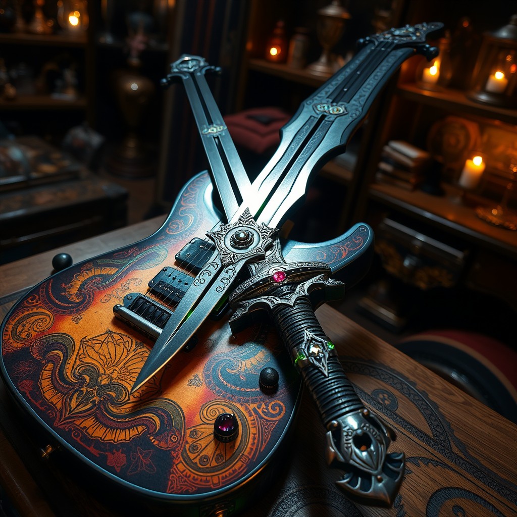 A fantasy electric guitar with intricate designs and glowing accents, resting on a wooden table