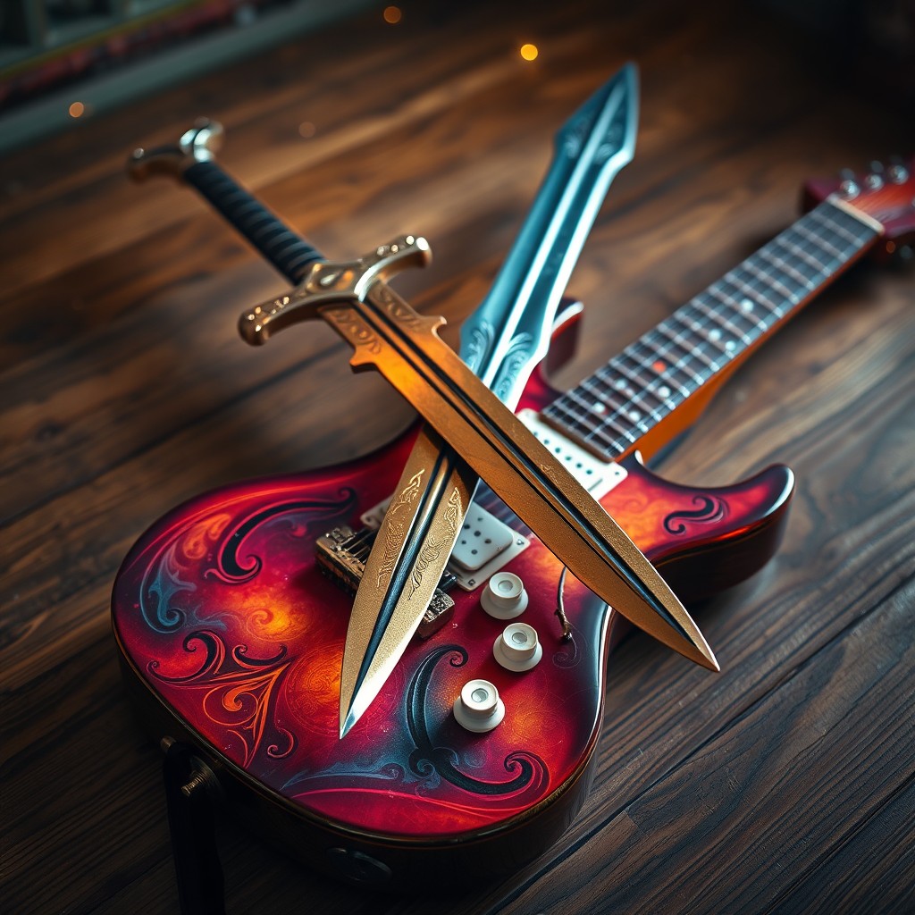 A beautifully designed fantasy electric guitar lying on a wooden table, with intricate details and vibrant colors, featuring glowing elements