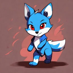 A cute blue fox cub with a mischievous look, styled in dark anime version with red eyes, seen running.