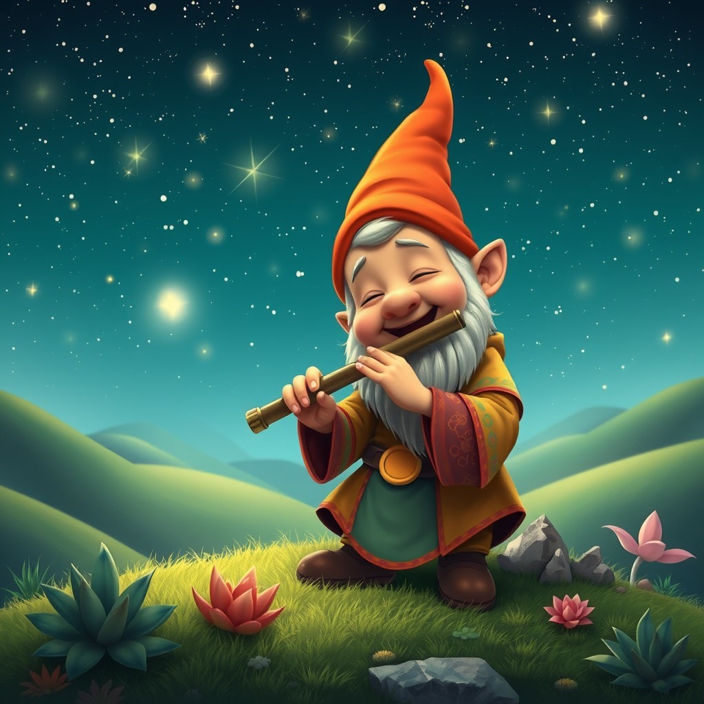 In a whimsical, enchanting scene, a joyful dwarf plays a flute, surrounded by a lush green planet beneath a starry sky
