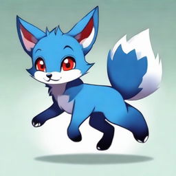 A cute blue fox cub with a mischievous look, styled in dark anime version with red eyes, seen running.