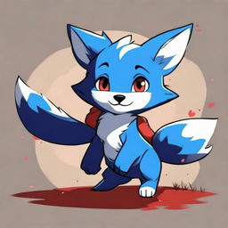 A cute blue fox cub with a mischievous look, styled in dark anime version with red eyes, seen running.