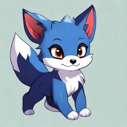 A cute blue fox cub with a mischievous look, styled in dark anime version with red eyes, seen running.