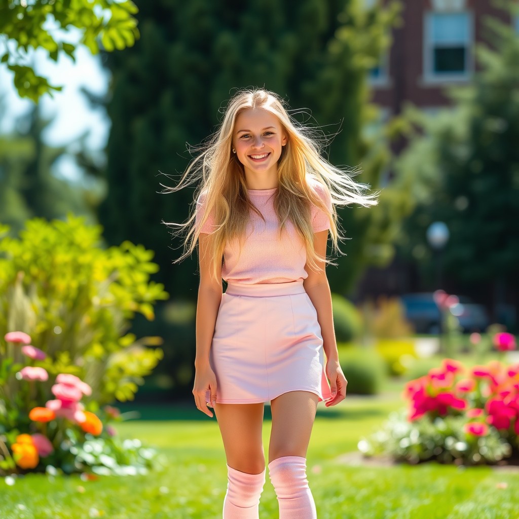 A playful blonde college girl, smiling happily, wearing a light pink mini skirt and matching light pink knee-high socks