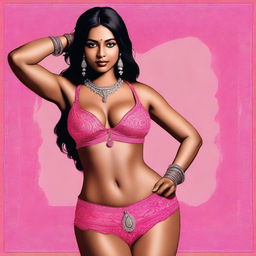 A high-quality digital art depicting an Indian woman clad in a tastefully designed pink bra and pantie