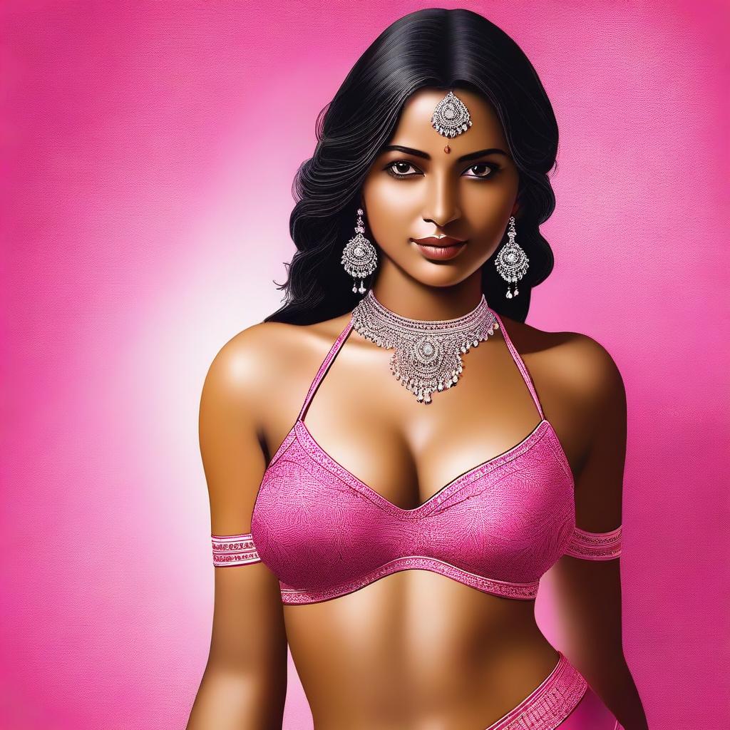 A high-quality digital art depicting an Indian woman clad in a tastefully designed pink bra and pantie