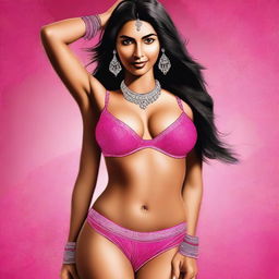 A high-quality digital art depicting an Indian woman clad in a tastefully designed pink bra and pantie