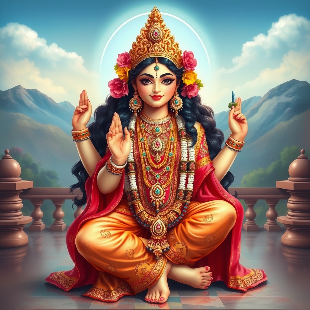 A beautiful Hindu goddess adorned with intricate jewelry, wearing elegant payals on her feet