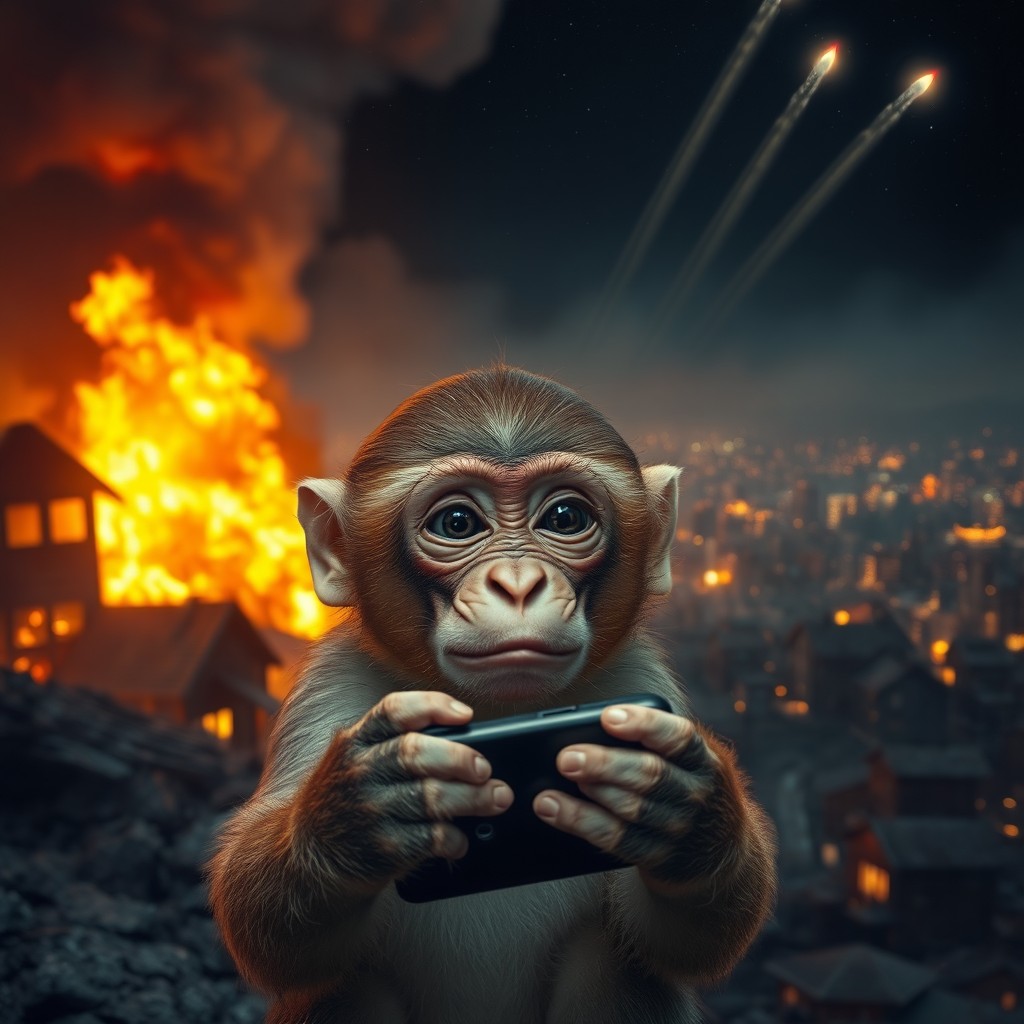 In the foreground, a small monkey is holding a phone, its eyes filled with tears, expressing a confused and broken look directed at the camera