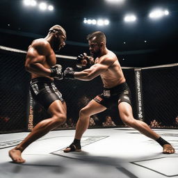 a dynamic image capturing an intense moment during an MMA fight, with two fighters locked in battle inside the ring