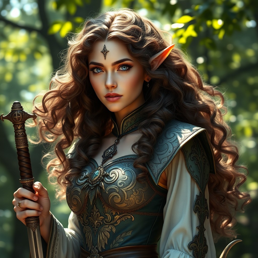 A stunning female elven bladesinger with flowing curly hair cascading down her shoulders, adorned in an intricately detailed outfit that blends elegance with functionality