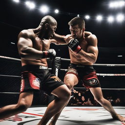 a dynamic image capturing an intense moment during an MMA fight, with two fighters locked in battle inside the ring