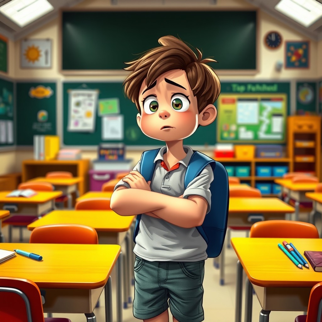A young boy named Mehedi is standing in a classroom, a look of concern and embarrassment on his face as he looks around, searching for his missing luggage