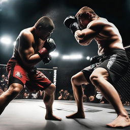 a dynamic image capturing an intense moment during an MMA fight, with two fighters locked in battle inside the ring