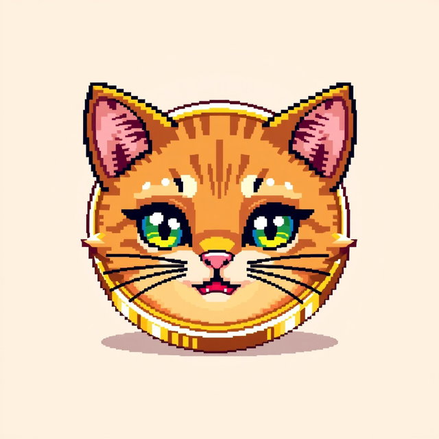 A vibrant, pixel art style 32-bit gold coin featuring an adorable cat face on its surface