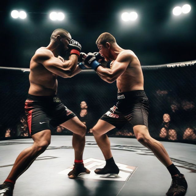 a dynamic image capturing an intense moment during an MMA fight, with two fighters locked in battle inside the ring