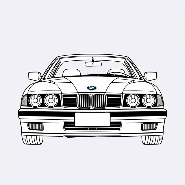 An outline illustration of a BMW E34, showcasing its sleek lines and distinctive features including the front grille, headlights, and body contour, rendered in black and white for a t-shirt design