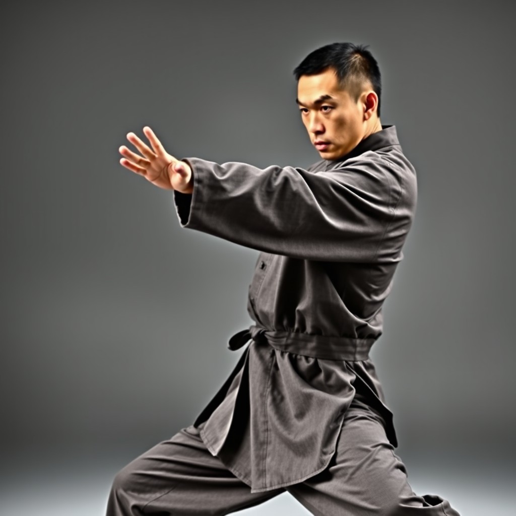 A dynamic side view of a Wing Chun martial artist executing a Tan Sau (hand technique) combined with a powerful punch