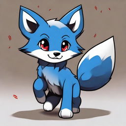 A blue fox cub with a mischievous look, drawn in dark anime style with red eyes, seen running.