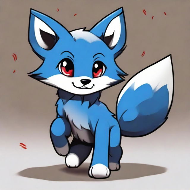 A blue fox cub with a mischievous look, drawn in dark anime style with red eyes, seen running.