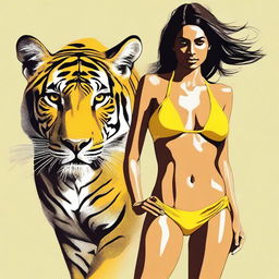 A striking digital art piece featuring an Indian woman in a minimalistic, thin yellow bikini, posing with the grace and power of a wild animal