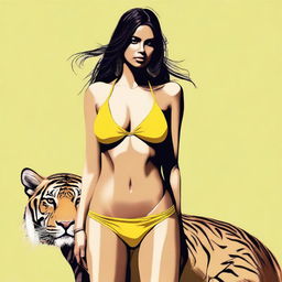 A striking digital art piece featuring an Indian woman in a minimalistic, thin yellow bikini, posing with the grace and power of a wild animal