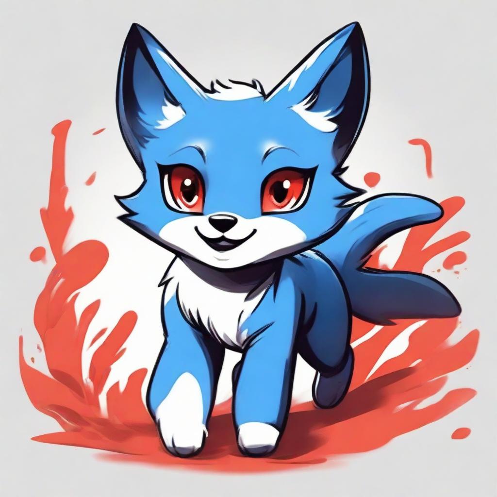 A blue fox cub with a mischievous look, drawn in dark anime style with red eyes, seen running.