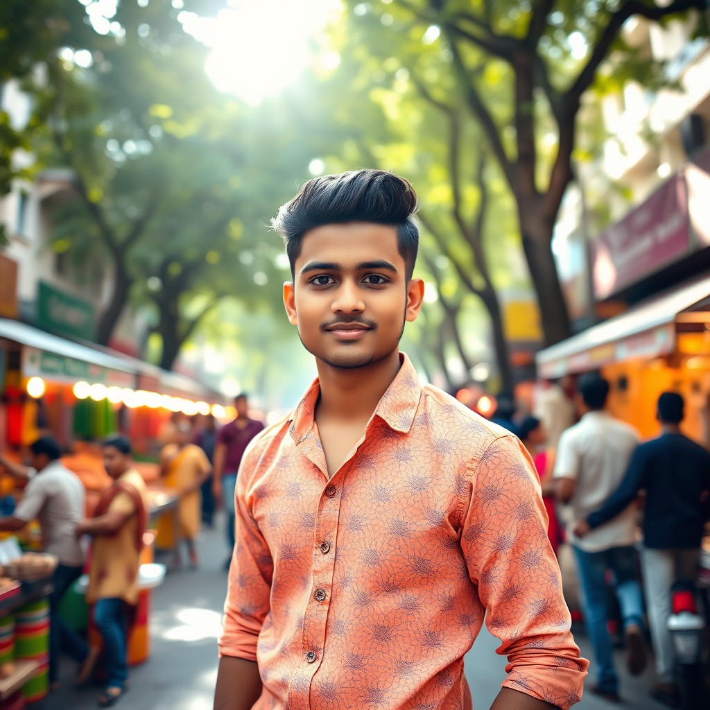A portrait of a young Indian man named Kaurav, standing confidently in a vibrant urban setting