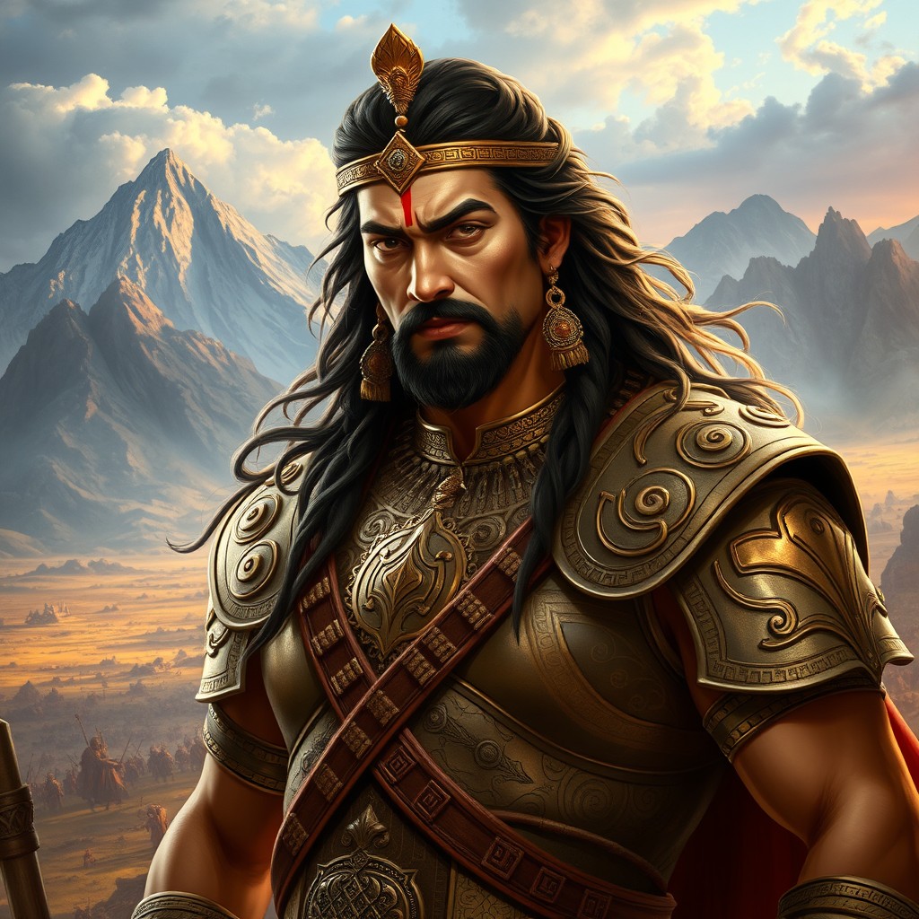 A striking depiction of Kaurav from the Mahabharata, presented as a fierce and noble warrior