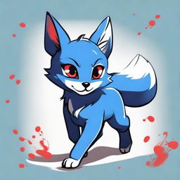 A blue fox cub with a mischievous look, drawn in dark anime style with red eyes, seen running.