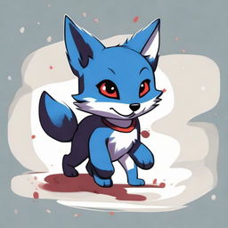 A blue fox cub with a mischievous look, drawn in dark anime style with red eyes, seen running.