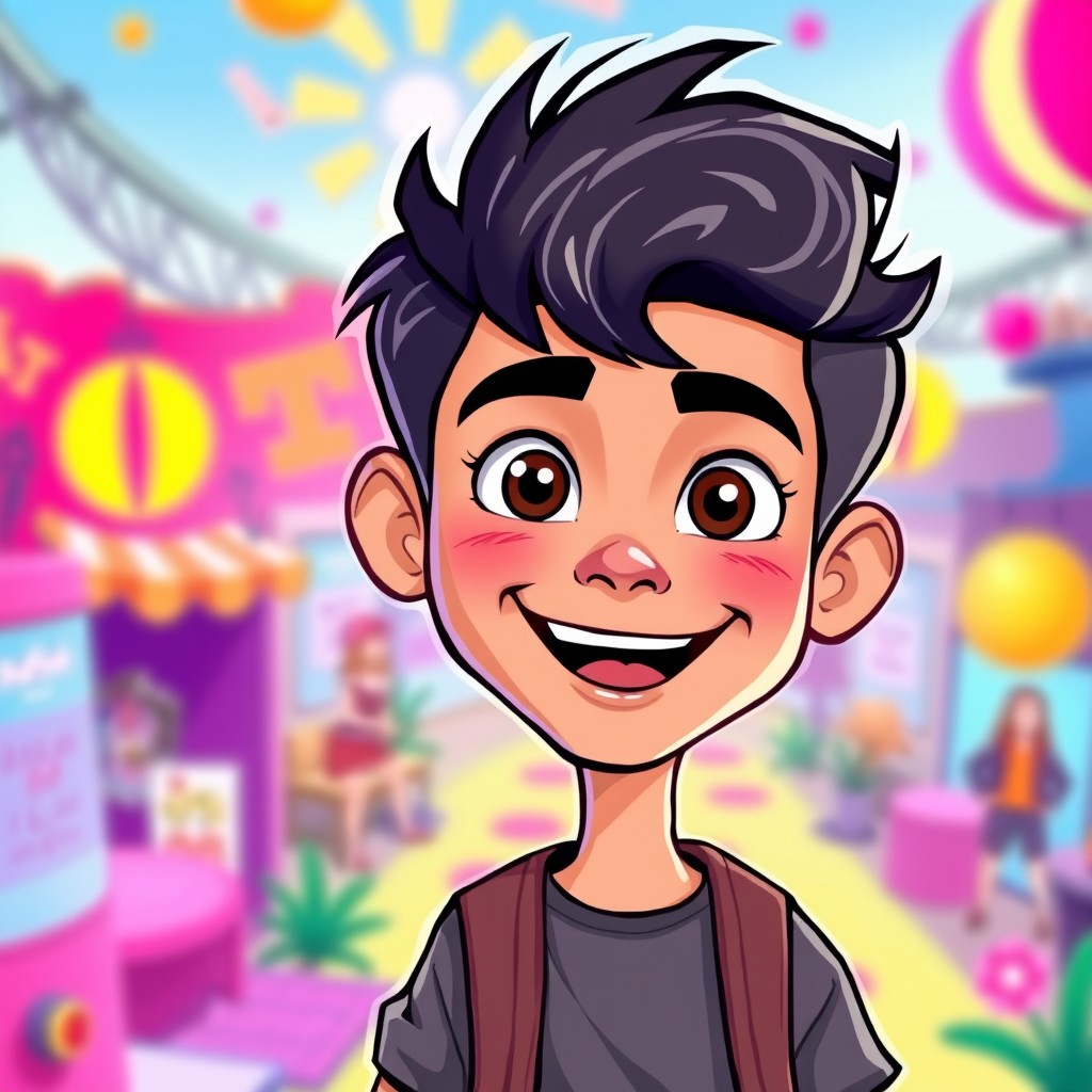 A vibrant, playful cartoon representation of a person based on a photograph