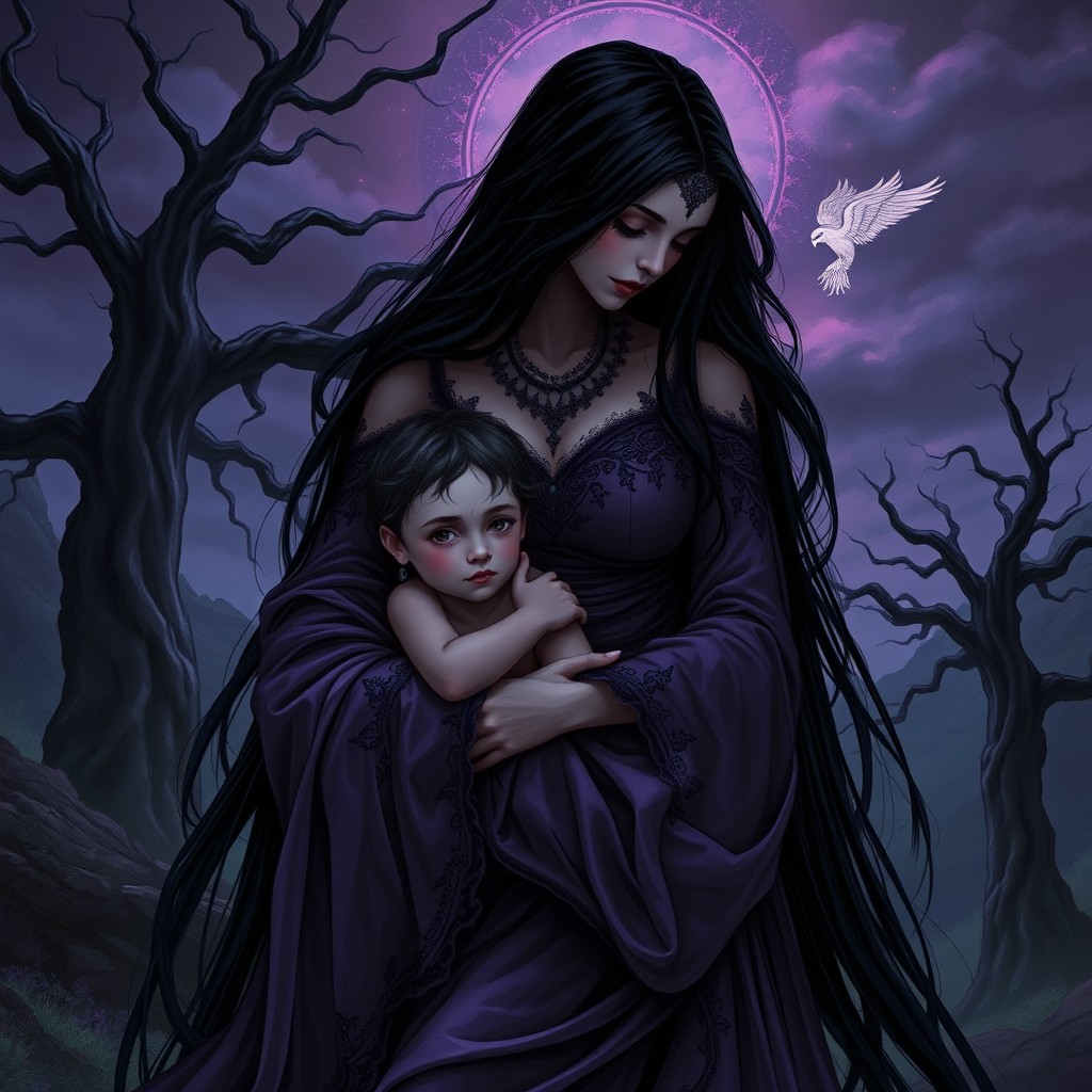 An enchanting and mystical illustration of a dark goddess resembling Lilith, depicted with stunningly long black hair styled elegantly