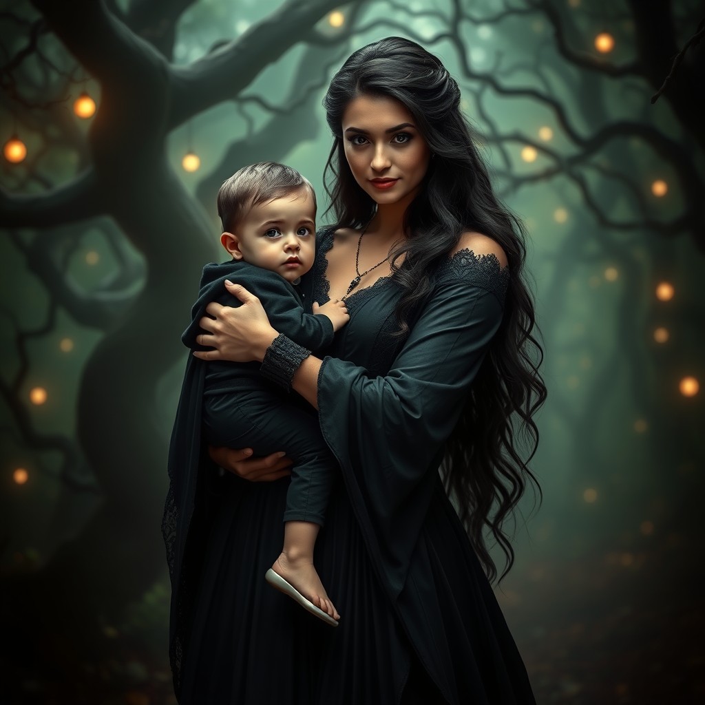 A captivating portrayal of a woman resembling the character from the second image, featuring long dark hair styled elegantly, wearing a beautiful dark gown with flowing fabrics and intricate detailing