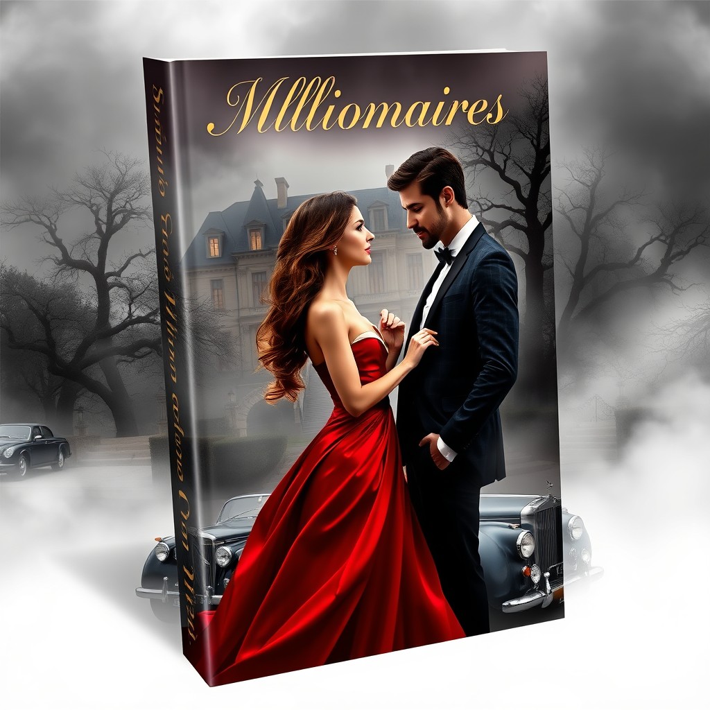 A captivating book cover design for a romance novel set in a mysterious setting involving millionaires