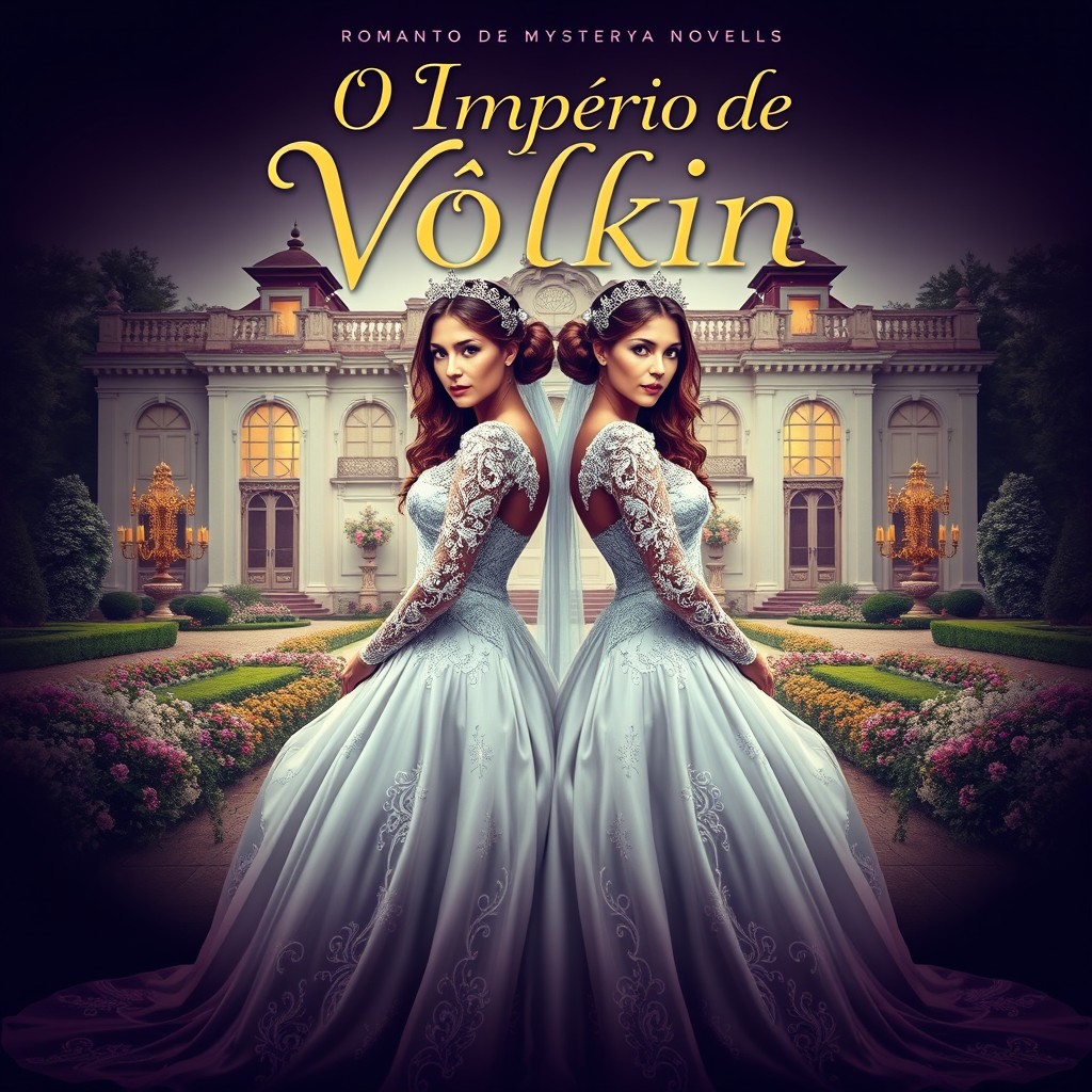 A captivating book cover design for a romantic mystery novel titled 'O Império de Vólkin'