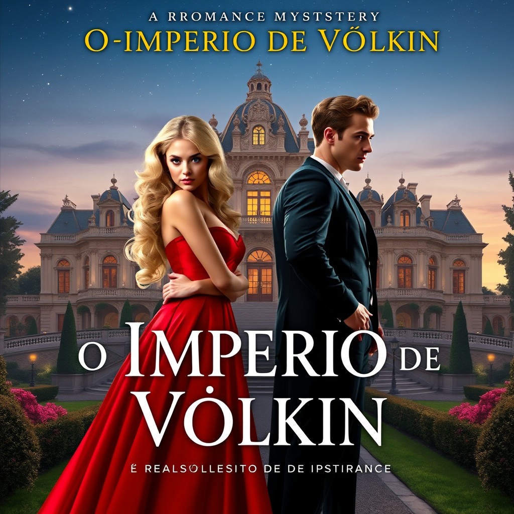 A captivating book cover for a romance mystery titled "O Império de Vólkin" featuring two stunning blonde twin sisters dressed elegantly